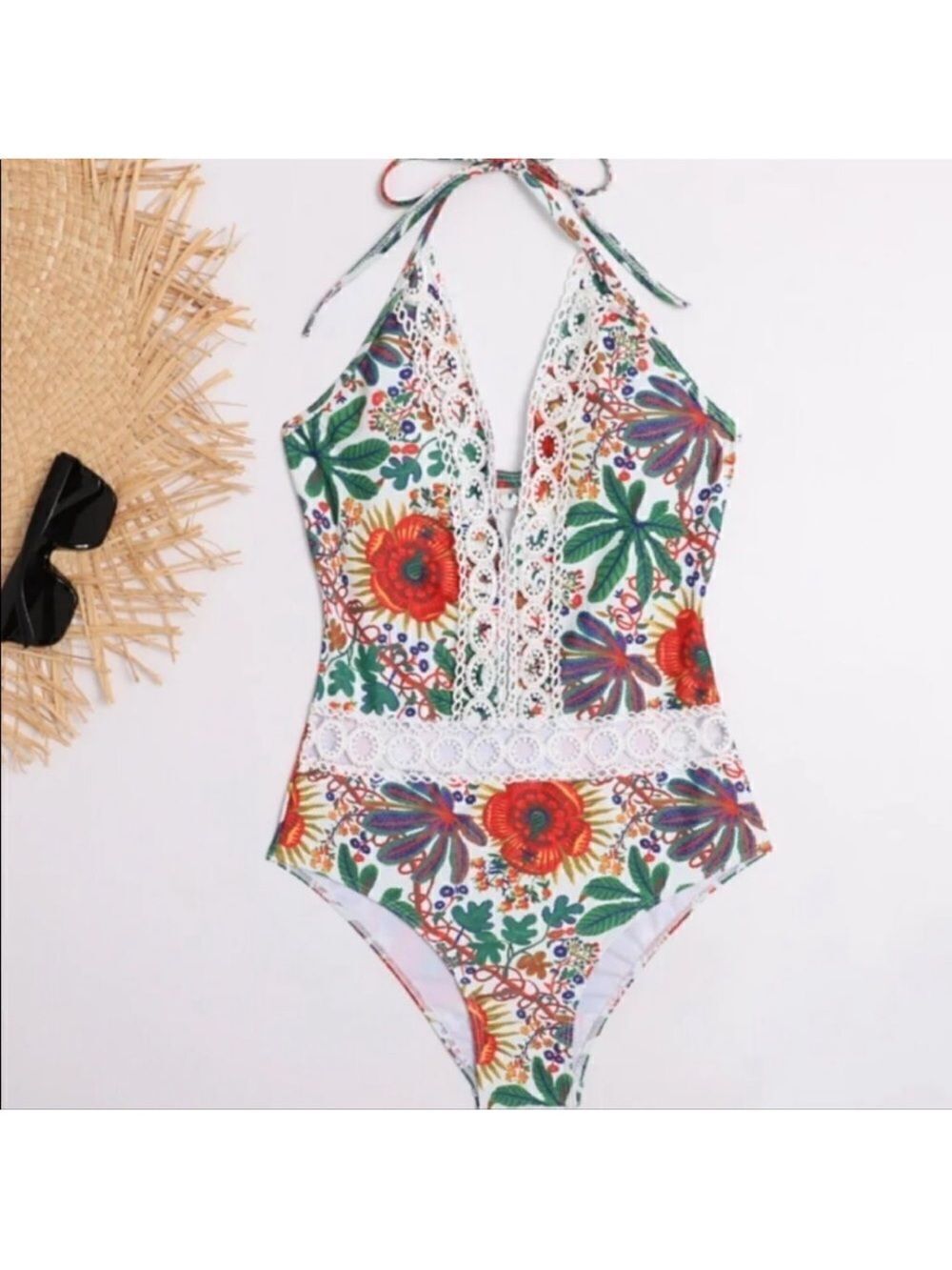 Boutique M-L Bohemian Lace Halter Plunge Tropical Floral One Piece Suit